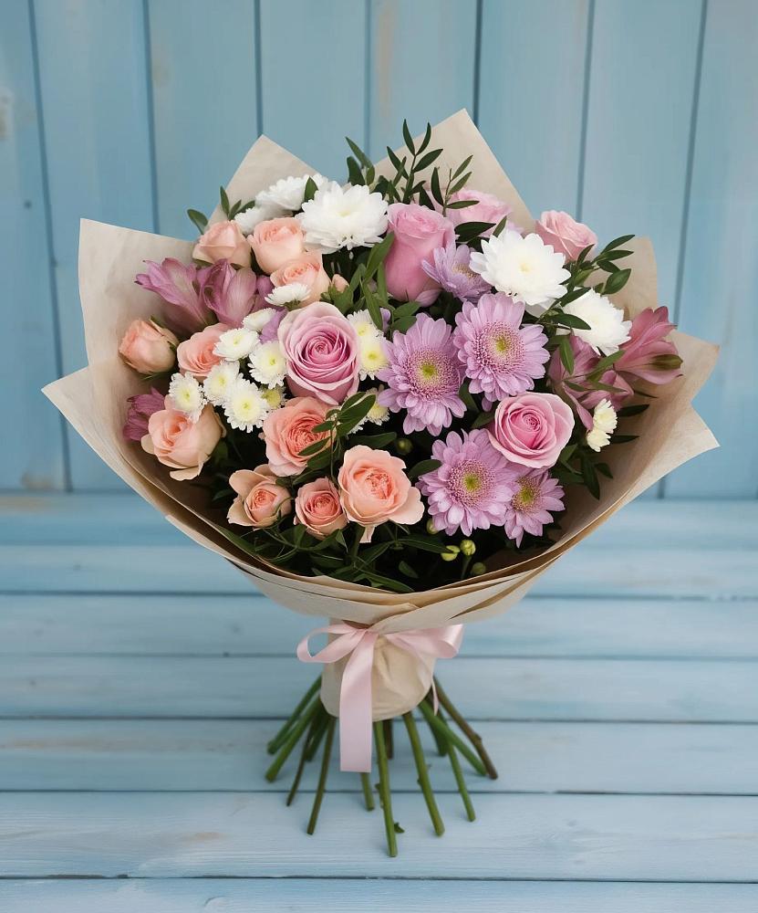 Букет цветов из: Хризантемы, Розы и Альстромерии в Каринское