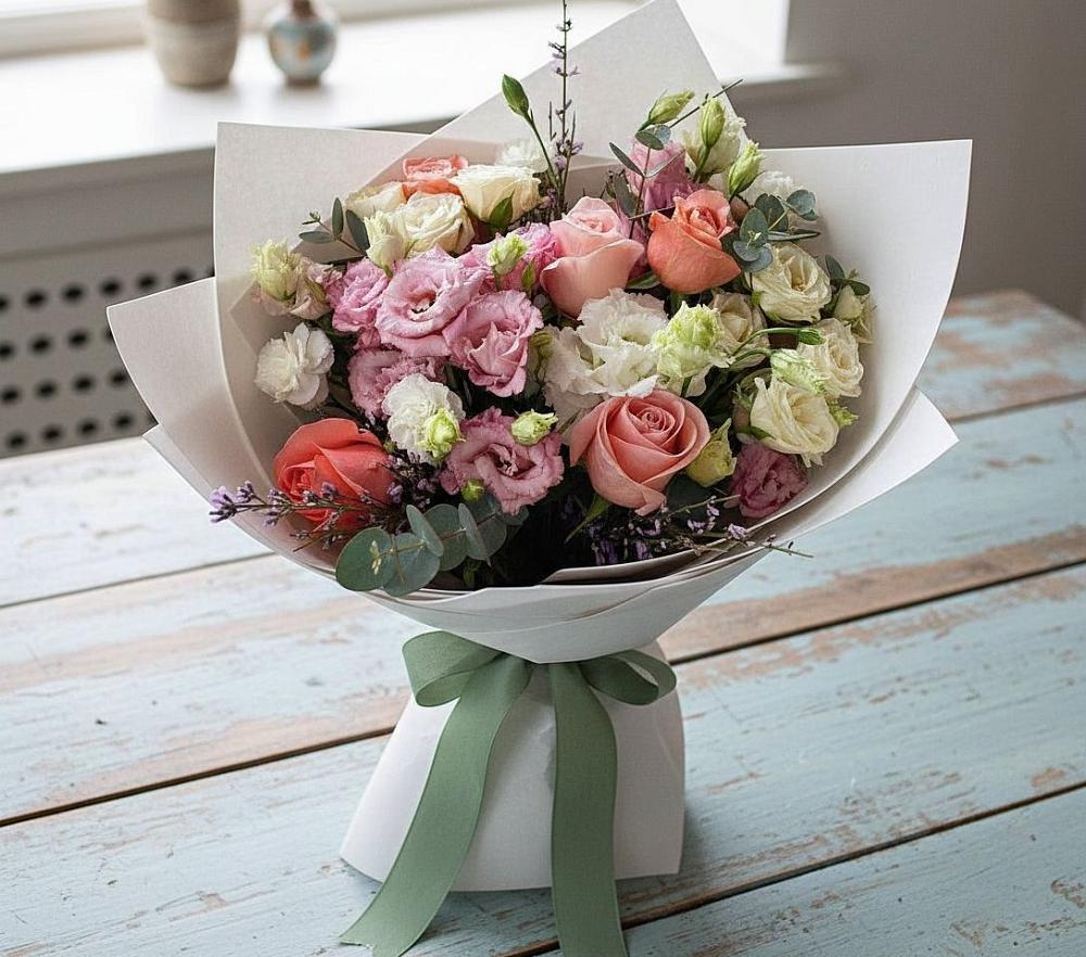 Букет цветов из: Розы, Лизиантусы и Гвоздики в Каринское