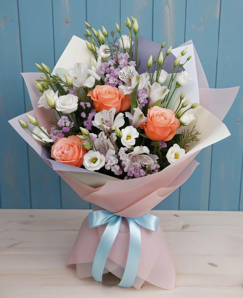 Букет цветов из: Лизиантусы, Розы, Альстромерии и Гипсофила в Каринское