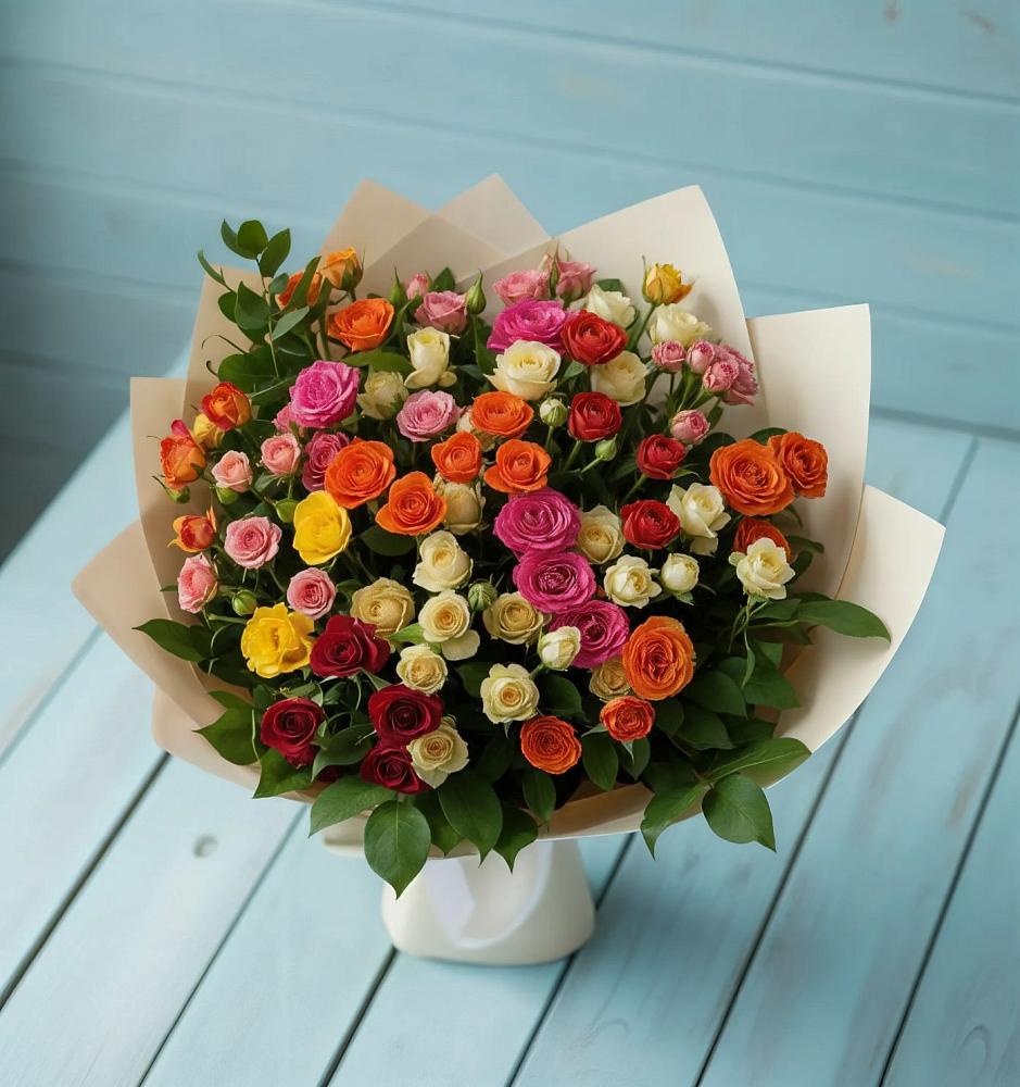 Букет Микс из разноцветных кустовых роз в Каринское