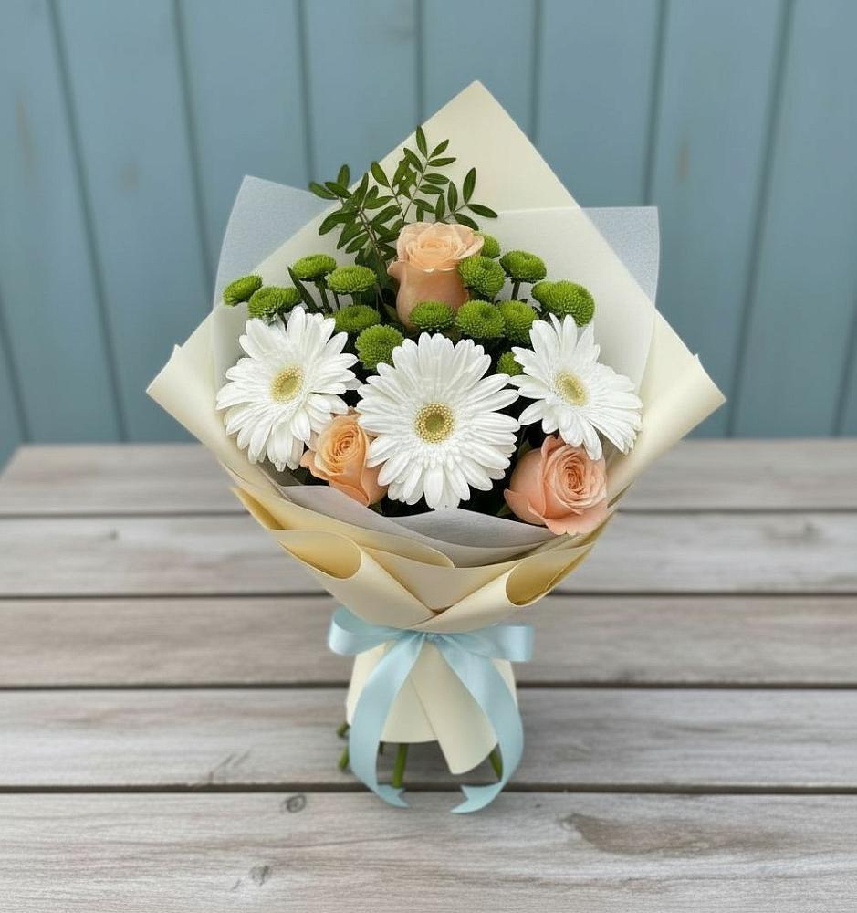 Букет цветов из: Герберы, Розы и Хризантемы в Каринское