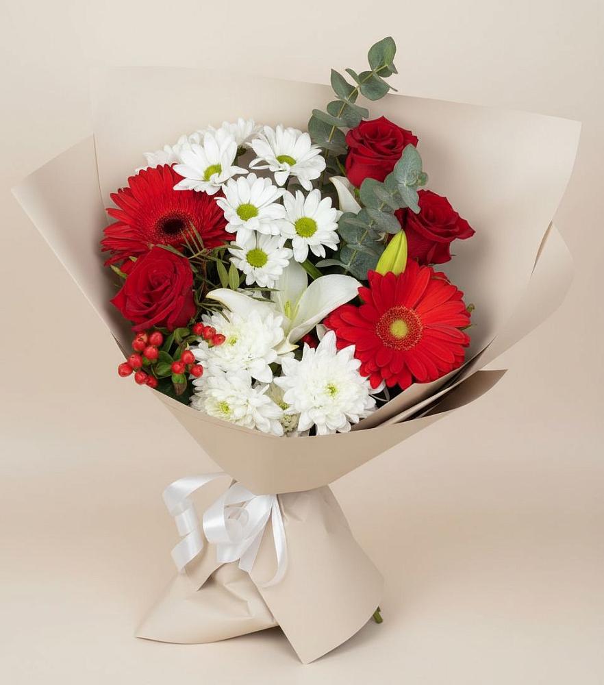 Букет цветов из: Розы, Хризантемы, Герберы и Лилии в Каринское
