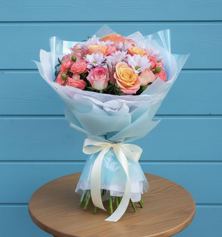 Букет цветов из: Хризантемы и Розы в Каринское