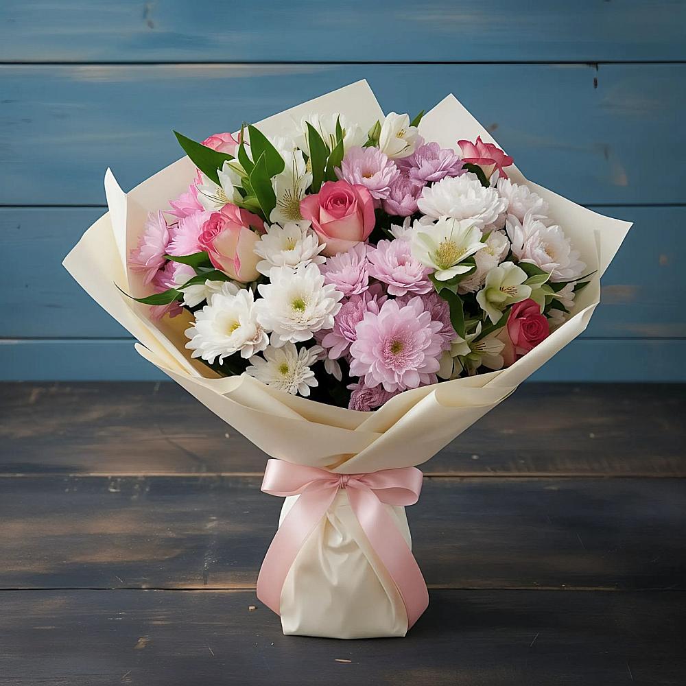 Букет цветов из: Хризантемы, Альстромерии и Розы в Каринское